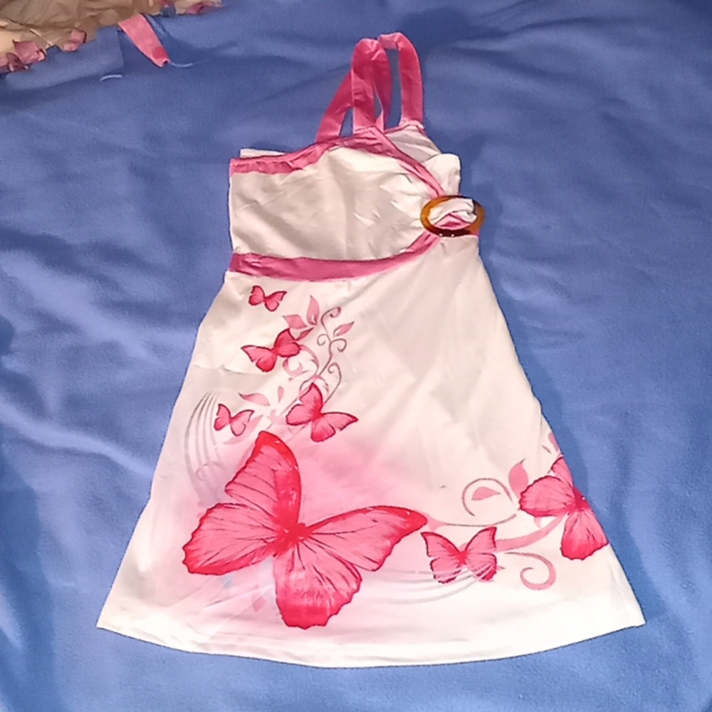 A very soft White and Pink Butterfly tanktop with pink ribbon straps.